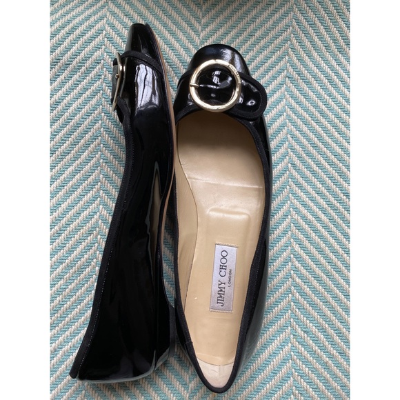 JIMMY CHOO Black Patent Leather Gold Buckle Flats - Picture 5 of 16
